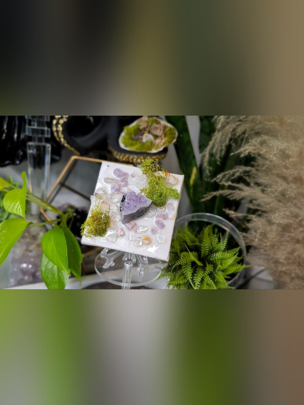 3" Mini Amethyst & Opalite Crystal Epoxy Canvas Art (stand Included)